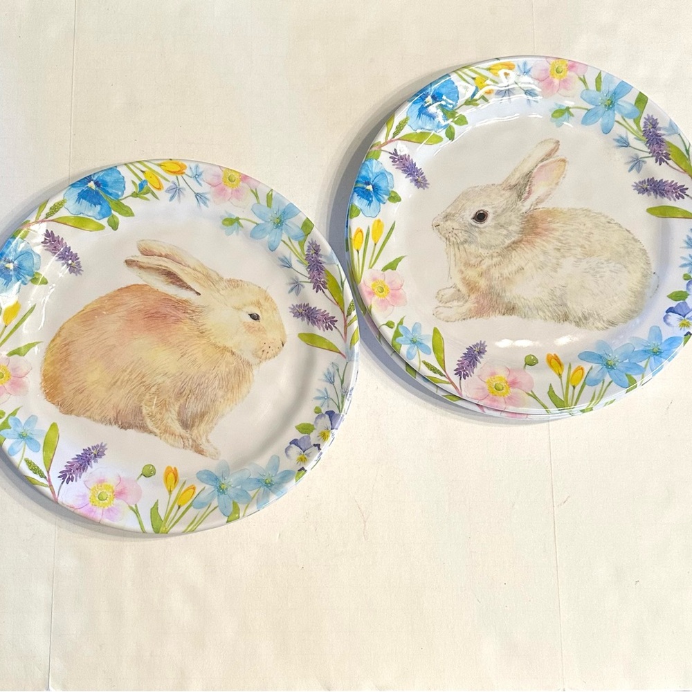 Floral Rabbit Luncheon Dessert Melamine Plates Set of 2